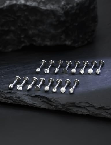 16G Flat Back Earrings Nose Studs 316L Surgical Steel Medusa Labret Monroe Lip Ring Tragus Forward Helix Conch Cartilage Lobe Earrings Stud Piercing Jewelry For Women Men 8MM Bar Length - color: Silver
