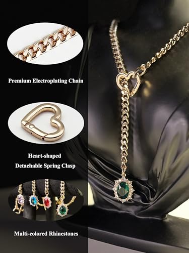 Women's Heart O-Ring Slip Chain Necklace, Double Layered Adjustable 39'' Cuban Chain with Detachable Heart Clasp and Colorful Rhinestone Pendant - color: 25'' Gold-Emerald Green