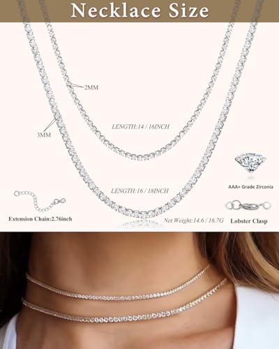 Double Layer Tennis Necklaces for Women - Dainty Gold and Silver CZ Tennis Necklace Simple Tennis Chain Sparkly CZ Choker Necklaces for Women Trendy Silver Jewelry - color: Silver, style: 16inch/2mm & 18inch/3mm