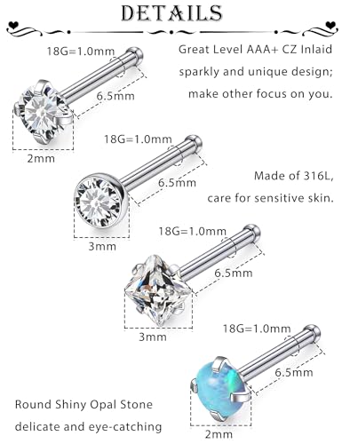 6 Pcs 18G 20G Surgical Steel Nose Rings Studs for Women Opal Nose Rings Diamond CZ Nose Studs L Shaped Nose Nostril Piercing Jewelry Hypoallergenic - style: 18G,Straight