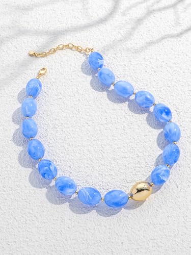 Chunky Beaded Necklaces for Women Statement Necklace | Bold Chunky Choker, Large Resin Beads, Adjustable Necklace, Boho Trendy Summer Beach Holiday Jewelry - color: Blue-04