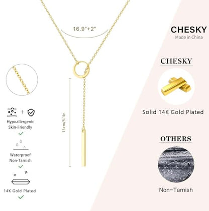 CHESKY Lariat Gold Necklace for Women, Dainty Long Necklace 14k Gold Plated Y-Shaped Pendant Necklace Trendy Layered CZ Beaded Chain Drop Necklaces Simple Gold Jewelry for Women Gifts - color: Circle