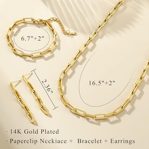KesaPlan Gold Chain Necklace Bracelet and Earrings for Women Silver Chunky Jewelry Set, 14K Gold Plated Ladies Dainty and Chunky Chain Link Paperclip Jewelry Set for Women Gifts - style: Paperclip Set Gold 1