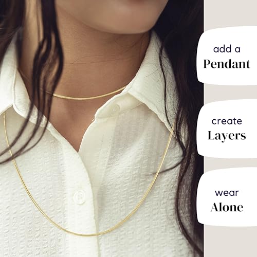 KISPER Gold Snake Chain Necklace for Women 24K Plated Stainless Steel Thin | 0.9mm, 14-30 inches, non-tarnish, waterproof, hypoallergenic, nickel-free, lobster clasp