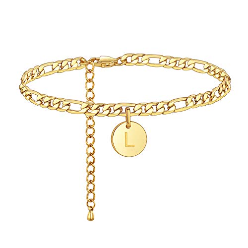 FOSIR 18k Gold Plated/Silver Tone Initial Anklets for Women, Surgical Stainless Steel Ankle Bracelets for Women Figaro Chain Anklet Beach Jewelry, Waterproof - style: L-gold