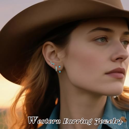 3 Pairs Dainty Small Earrings Set for Women Trendy, Birthstone Stud Huggie Hoop Jacket Stack for Cartilage Helix, Gold Plated Hypoallergenic Cute Women Fashion Accessories Western Jewelry Gifts - color: Created Turquoise (Gold)