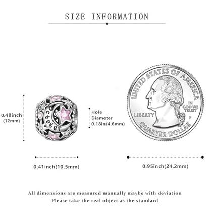925 Sterling Silver Birthstone Star & Moon Bead Charms with Cubic Zirconia | 12 Months Birthstones, Compatible with Pandora & European Bead Charms Bracelets,Celestial Birthday Jewelry Gift for Women - color: October Pink Birthstone Charm