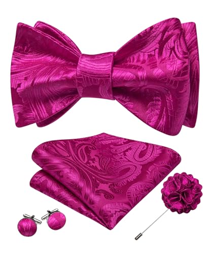 YOHOWA Bow Ties for Men Self-tied Silk Bowtie Solid Color with Lapel Pin and Handkerchief Cufflinks for Wedding Party Prom - color: Hot Pink Paisley a
