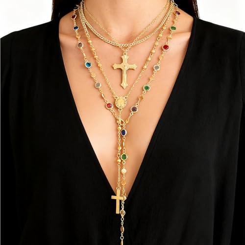 Gold Cross Layered Necklaces for Women,Colorful Crystal Drop Necklace,Gold Cross Pendant Necklace Stack,Fashion Long Tassel Chest Chain Jewelry Layered Rhinestone Neck Chain Accessories - color: Gold-1