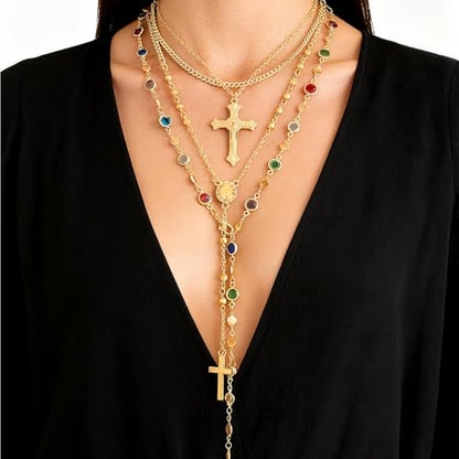 Gold Cross Layered Necklaces for Women,Colorful Crystal Drop Necklace,Gold Cross Pendant Necklace Stack,Fashion Long Tassel Chest Chain Jewelry Layered Rhinestone Neck Chain Accessories - color: Gold-1