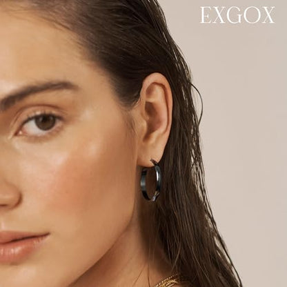 EXGOX 5mm Wide Gold Hoop Earrings for Women,Sterling Silver Hoop Earrings Large Silver Hoop Earrings Hypoallergenic Lightweight 14K Real Gold Plated Big Hoop Earrings for Women 30/40/50/60/70mm - color: Black Hoop-30mm