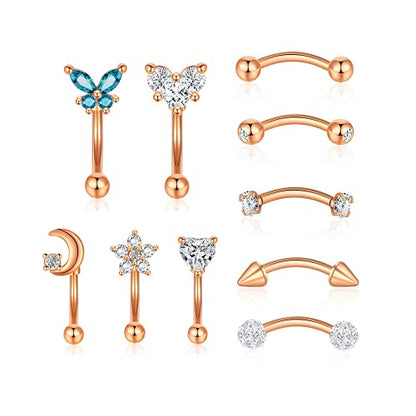 10PCS 16G Eyebrow Rings Set, Surgical Steel Curved Barbell Piercing Jewelry for Women Men, Helix Rook Daith Tragus Cartilage Earrings, Butterfly Heart Flower Spike Design, 8mm Bar
