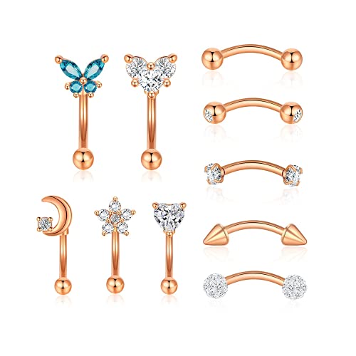 10PCS 16G Eyebrow Rings Set, Surgical Steel Curved Barbell Piercing Jewelry for Women Men, Helix Rook Daith Tragus Cartilage Earrings, Butterfly Heart Flower Spike Design, 8mm Bar - color: A-10Pcs-Rose Gold-8mm