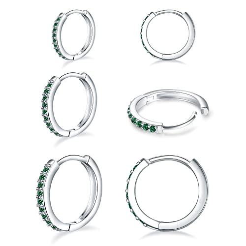 3 Pairs 925 Sterling Silver Small Hoop Earrings for Women Men | Cubic Zirconia, 14K White Gold Plated Huggie Hoop Earrings, Hypoallergenic - style: R-green cz 8/10/12mm