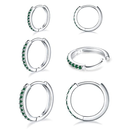 3 Pairs 925 Sterling Silver Small Hoop Earrings for Women Men | Cubic Zirconia, 14K White Gold Plated Huggie Hoop Earrings, Hypoallergenic - style: R-green cz 8/10/12mm