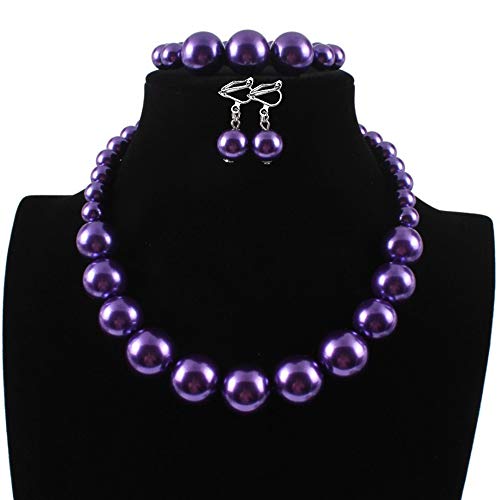 Bridal Wedding Faux Pearl Statement Necklace and Clip on Earrings Bracelet Jewelry Sets Women Bib Choker Necklace - color: Purple-Necklace+Bracelet+Clip Earrings
