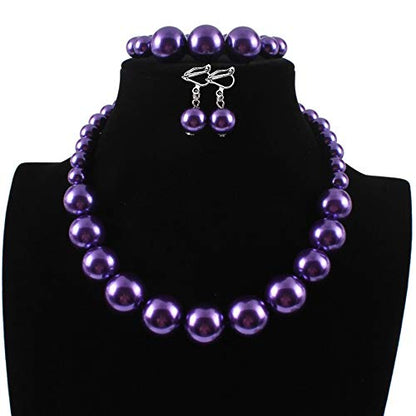 Bridal Wedding Faux Pearl Statement Necklace and Clip on Earrings Bracelet Jewelry Sets Women Bib Choker Necklace - color: Purple-Necklace+Bracelet+Clip Earrings