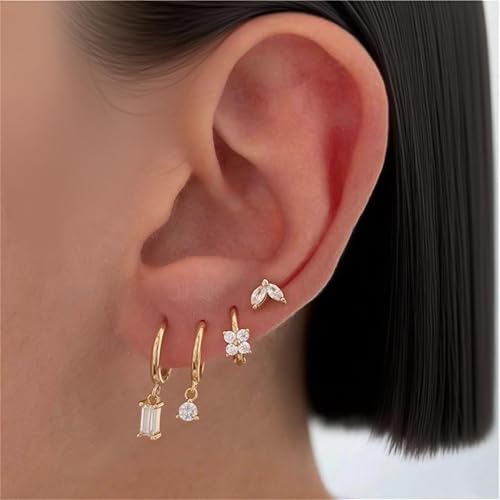 Gold Plated Earrings for Women, 14k Gold Plated Earring Stack Hypoallergenic Pearl Drop Earring Dainty Earrings for Women Trendy Cute Small Huggie Hoop Earring Fashion Womens Jewelry - color: SET6