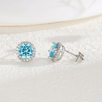 YOMELA Round Cubic Zirconia Stud Earrings for Women | Everyday Dainty, Diamond-Like Brilliance, CZ Halo Birthstone Studs, Hypoallergenic & Lightweight, Elegant & Versatile - color: Aquamarine