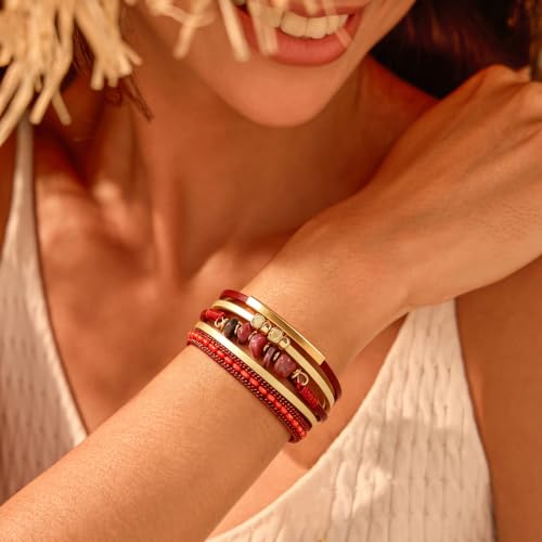 Wrapped Bracelets for Women,Leather Boho Bracelets for Women - color: Stone-Red