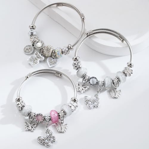 Charm Bracelets for Womens,Exquisite Cute Cartoon Friendship Silver Bracelets Stainless Steel Bangle, Womens Jewelry Suitable for Holiday Gifts and Birthday Gifts - color: Butterfly Bracelet