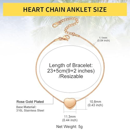 ChainsHouse Ankle Bracelets for Women, Stainless Steel Beaded Chain Ankle Bracelet, Womens Heart Anklets for Summer Beach Jewelry Gifts - color: Q: heart-rose gold