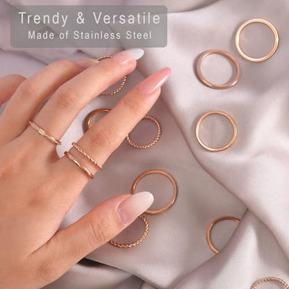 2mm 18Pcs No Tarnish Stainless Steel Thin Rings | PVD Gold Plated, Fadeless, Waterproof, High Polish, Hypoallergenic - color: Rose Gold Plated