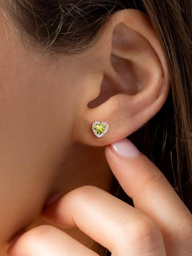 Suplight 925 Sterling Silver Birthstone Stud Earrings for Women, Round/Heart/Teardrop/Square Crystal Diamond Earrings for Women, Dainty Birthday Gifts Jewelry - color: style b-08. heart-August(Created Peridot)