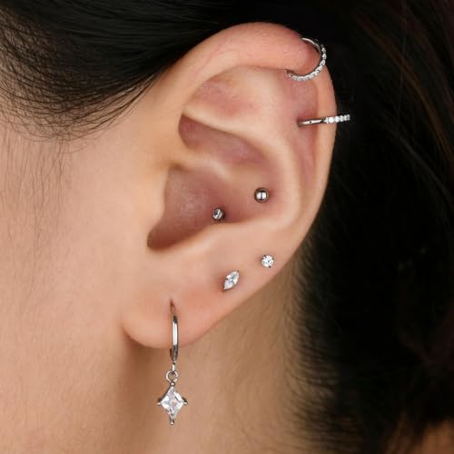 Surgical Steel Hoop Earrings for Women - Hypoallergenic Small Cartilage Huggies with Cubic Zirconia Dangle - color: Clear CZ-Stainless Steel