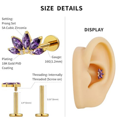FINE4U 1PC ASTM F136 Titanium 16G Flatback Stud for Tragus, Helix, Conch 6mm 8mm - Screw on Cartilage Earring Piercing Jewelry - color: Flower CZ - Amethyst - Gold