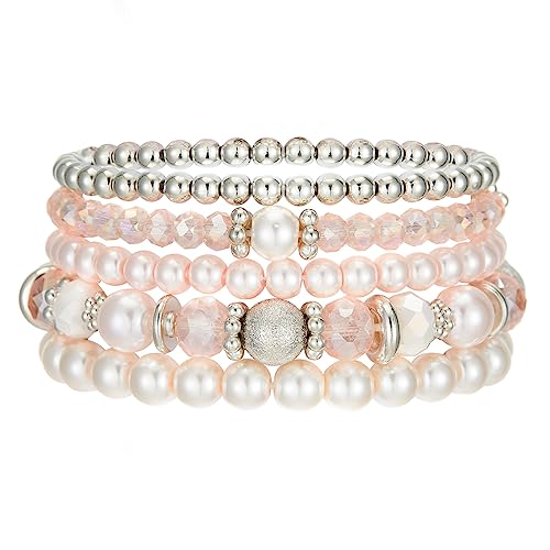 Noessla Beaded Pearl Stretch Bracelet Silver Stackable Crystal Beads Bracelets Trendy Costume Jewelry Mothers Day Gifts for Women - color: Pink