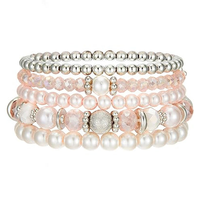 Noessla Beaded Pearl Stretch Bracelet Silver Stackable Crystal Beads Bracelets Trendy Costume Jewelry Mothers Day Gifts for Women - color: Pink
