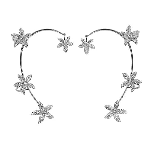BETHYNAS Glitter Rhinestone Butterfly Flower Ear Cuff Sparkly Non-Pierced Crystal Tassel Fake Earrings Climber Lady Ear Wrap Bridal Party Ear Jewelry for Women and Girls - color: Silver Flower