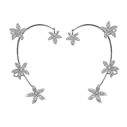 BETHYNAS Glitter Rhinestone Butterfly Flower Ear Cuff Sparkly Non-Pierced Crystal Tassel Fake Earrings Climber Lady Ear Wrap Bridal Party Ear Jewelry for Women and Girls - color: Silver Flower