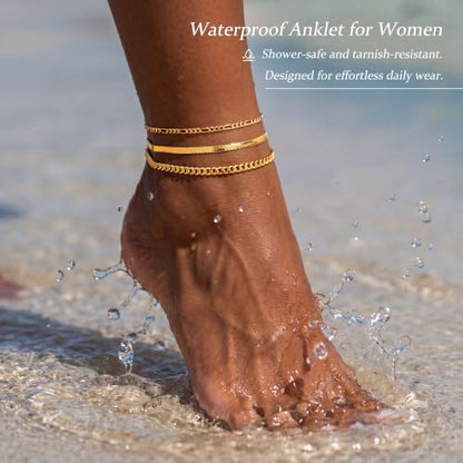 DEARMAY Gold Anklets for Women Waterproof | Non Tarnish14K Gold Plated Ankle Bracelets Set Stack, Summer Beach Jewelry Gifts for Vacation - color: Gold Anklet-A