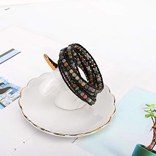 Emibele Layered Leather Bracelet, Rivet Leopard Print Bohemian Style Multilayer Wrap Bracelet, Handmade Agate Amethyst Chakra Crystal Glass Beaded Shell Bracelet for Women - color: Mixed Color