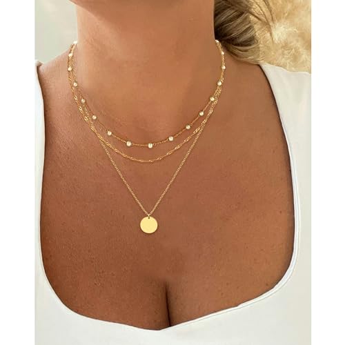 Aisansty Dainty Layered Choker Necklaces Handmade Coin Tube Star Pearl Pendant Multilayer Adjustable Layering Chain Gold Plated Necklaces Set for Women - color: Gold, style: Gold Pearl&Disc
