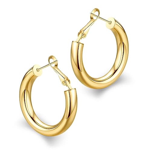 wowshow Gold Hoop Earrings for Women Chunky Hoops 14K Gold Plated Thick Hollow Tube Lightweight Earrings for Mother Birthday Gifts 20/25/30/40/50MM - color: Gold-25MM