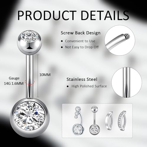 9PCS Belly Button Ring Dangle Stainless Steel Belly Rings 14G 1.6MM Belly Piercing Cute Navel Ring Piercing Jewelry Belly Ring for Women - color: 9PC Silver Set