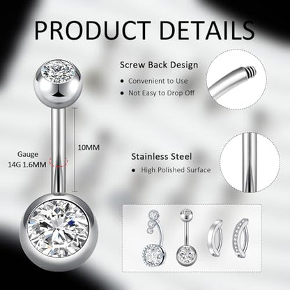 9PCS Belly Button Ring Dangle Stainless Steel Belly Rings 14G 1.6MM Belly Piercing Cute Navel Ring Piercing Jewelry Belly Ring for Women - color: 9PC Silver Set