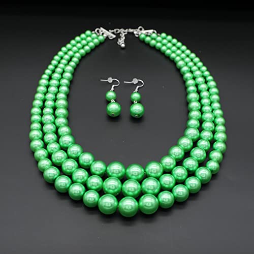 Chunky Layered Imitation Pearl Necklace for Women 3 strand Pearl Necklaces Faux Pearl Necklace Earrings Set 1920s Flapper Gatsby Costume Accessories - color: 3 strand pearl necklace green