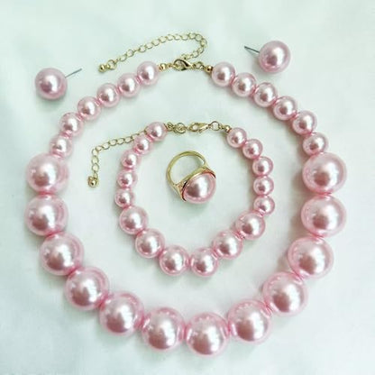 Chunky Beaded Jewelry Set, Necklace Earrings Bracelet Ring for Women Party | Simulated pearl jewelry set, necklace earrings bracelet & ring. Elegant chunky beaded, ideal gift for wedding and daily wear. - color: Pink