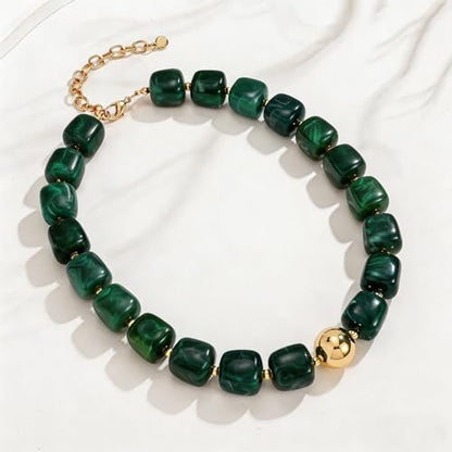 Colorful Statement Chunky Beaded Necklace for Women Large Square Resin Beads Y2K Trendy Bold Summer Vacation Boho Choker Jewelry - color: Dark green