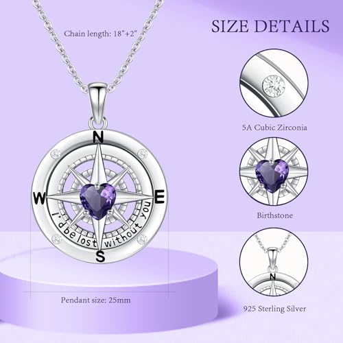 Compass Necklace Sterling Silver Nautical Graduation Gift | 925 Sterling Silver compass pendant with meaningful nautical design, jewelry for women, graduation and travel gift - color: Purple
