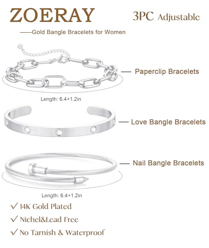 ZOERAY Silver Gold Bangle Bracelets for Women Non Tarnish 14k Gold Plated Stackable Cuff Bracelets for Women Trendy Cubic Zirconia Stainless Steel Chunky Bracelet Stack Set Waterproof Jewelry Gifts - color: E.Paperclip-Silver