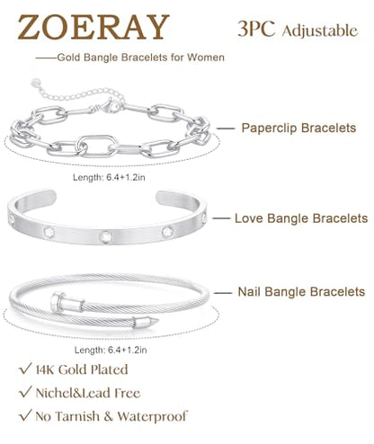 ZOERAY Silver Gold Bangle Bracelets for Women Non Tarnish 14k Gold Plated Stackable Cuff Bracelets for Women Trendy Cubic Zirconia Stainless Steel Chunky Bracelet Stack Set Waterproof Jewelry Gifts - color: E.Paperclip-Silver