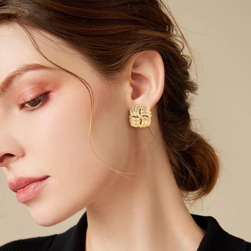 REELMAR Chunky Geometric Clip On Earrings for Women Trendy Gold-Plated Thick Hammered Rectangle Dupes Earrings Minimalist Statement Earrings No Piercing Clips - color: Gold-Square