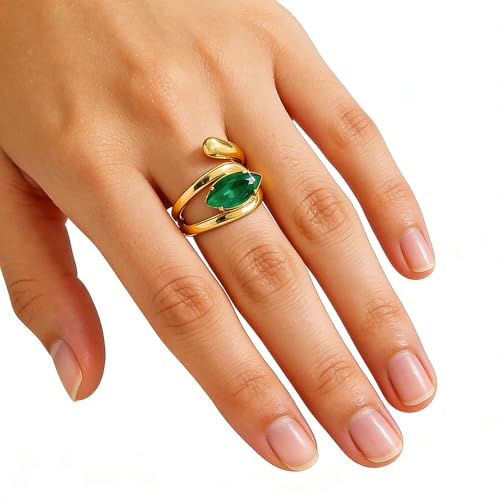 OIDIMS Elegant CZ Wrap Open Ring for Women Sparkly Cubic Zirconia Adjustable Stacking Rings Trendy Wedding Band 18K Gold-Tone Plated Stainless Steel Comfort Fit Knuckle Fashion Jewelry - color: Green