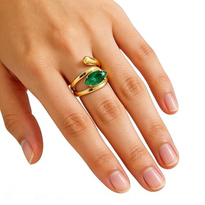 OIDIMS Elegant CZ Wrap Open Ring for Women Sparkly Cubic Zirconia Adjustable Stacking Rings Trendy Wedding Band 18K Gold-Tone Plated Stainless Steel Comfort Fit Knuckle Fashion Jewelry - color: Green