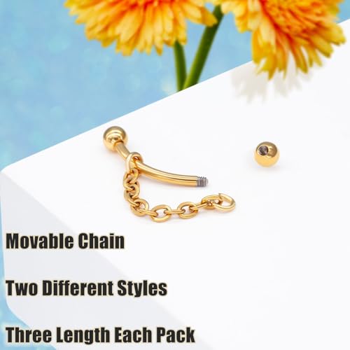 3 Pcs 316L Stainless Steel 16G Tragus Helix Rook Piercing Jewelry with Chain, Cartilage Earrings for Women, Belly Button Ring Vertical Labret Lip Piercing Jewelry - color: Gold, size: Ball